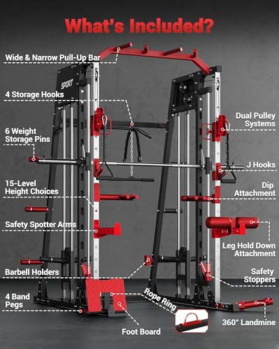 Smith Machine Home Gym All in One, 2200LBS Squat Rack Power Cage with Smith Bar, LAT Pull-Down, Cable Systems, Leg Hold-Down and More Attachments, Workout Equipment (Red Black)