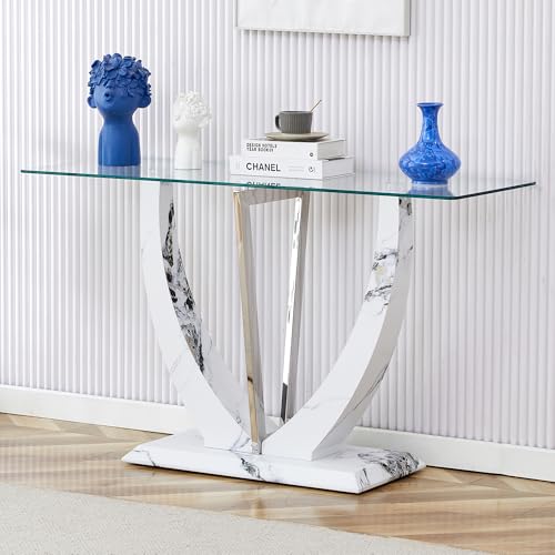 Glass Console Entryway Table, 50 inch Clear Glass Narrow Long Sofa Table, Modern Accent Table for Living Room, Entrance Table with Wood Grain U-shape Base and Metal Frame
