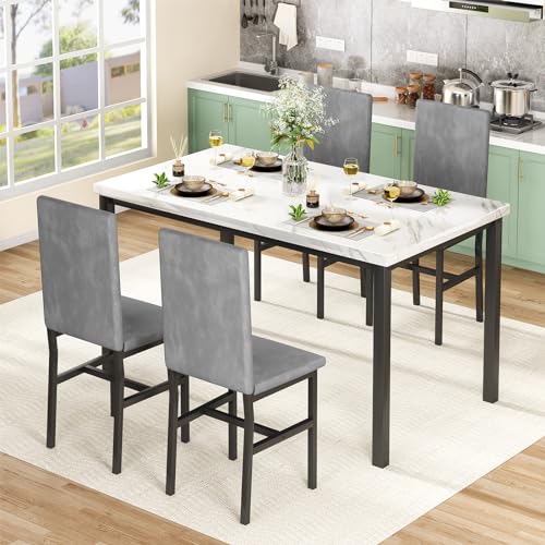 Hooseng Dining Table Set for 4- Space Saving Kitchen Table and Chairs for 4, Modern Style Faux Marble Tabletop & 4 PU Leather Chairs, Perfect for Dining Room,Breakfast Corner Small Spaces,Brown&White