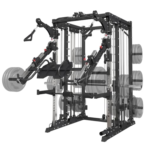 Commercial Smith Machine with Smith Bar, 4000LBS Power Cage Squat Rack with Lever Arm, Leg Press, LAT Pull Down System, Multi-Function Linear Bearing Cable Crossover Machine for Home Gym