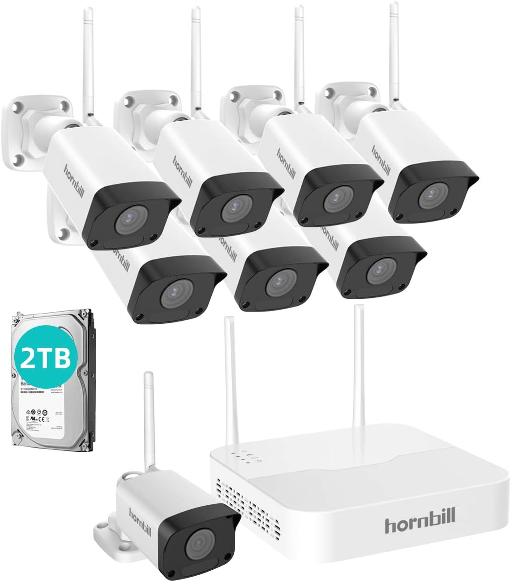 1080P Wireless Security Camera System, Hornbill 8CH Home Surveillance Camera System,8pcs 1080P Outdoor IP Security Camera with 2TB Hard Drive, Waterproof for Indoor Outdoor Security, No Monthly Fee