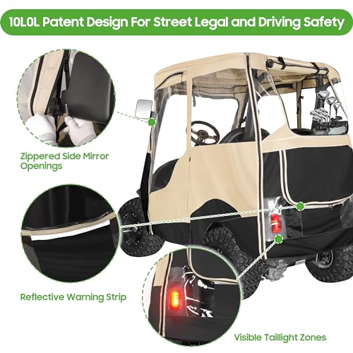 10L0L Golf Cart Driving Enclosure for 2 Passenger Club Car Precedent, Onward & Tempo, 600D Deluxe Heavy Duty Oxford Cloth Waterproof Windproof Golf Cart Rain Cover (Black/Beige)