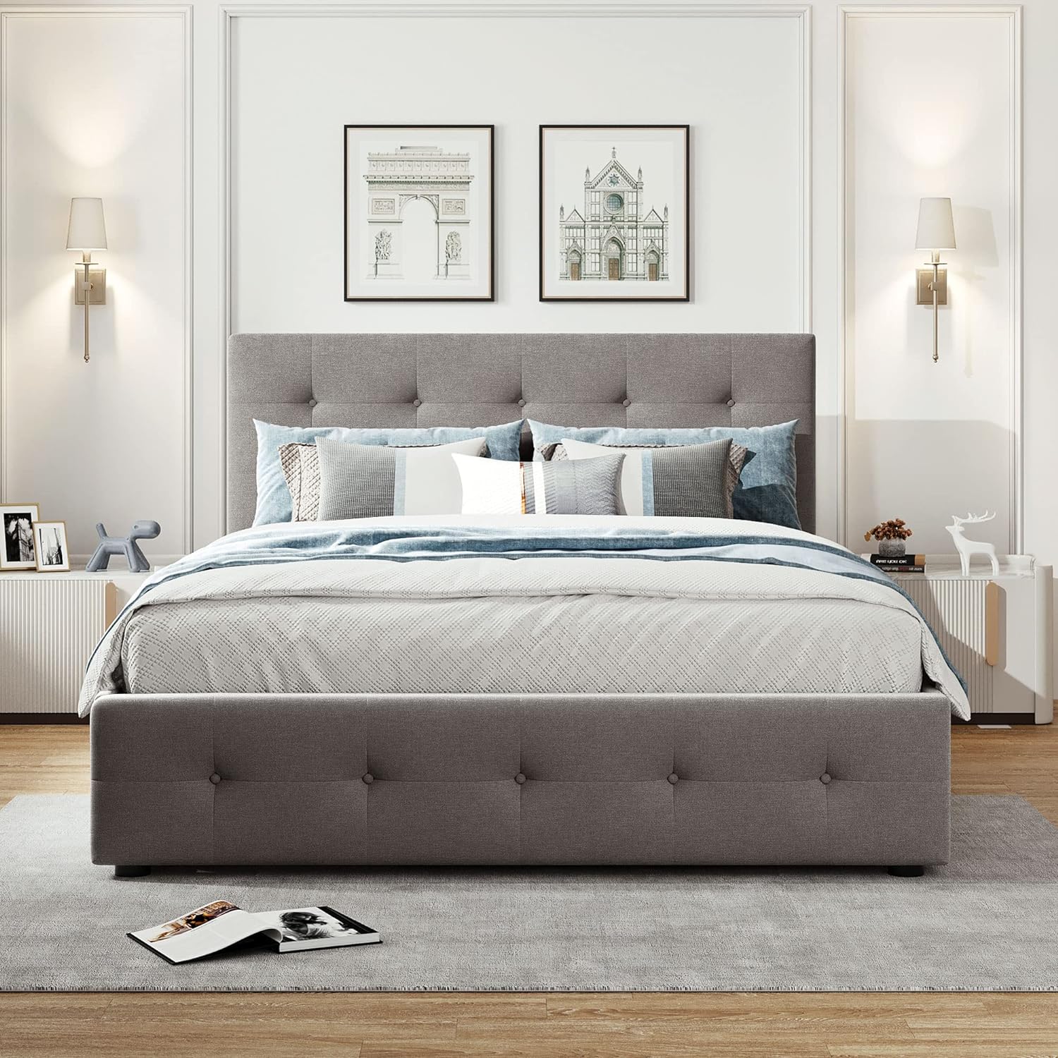Quee Platform Bed Frame With XL Trudle Ad Drawers, Upholstered Storage Platform Bed With Headboard For Bedroom Guest Room, Lie Fabric, Light Gray