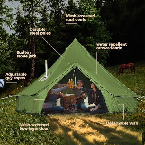 Cotton Canvas Bell Tent, Waterproof Large Tents with Sturdy Center & Door Pole and Space for 4/6/8 Person All 4 Season Camping Yurt Tent