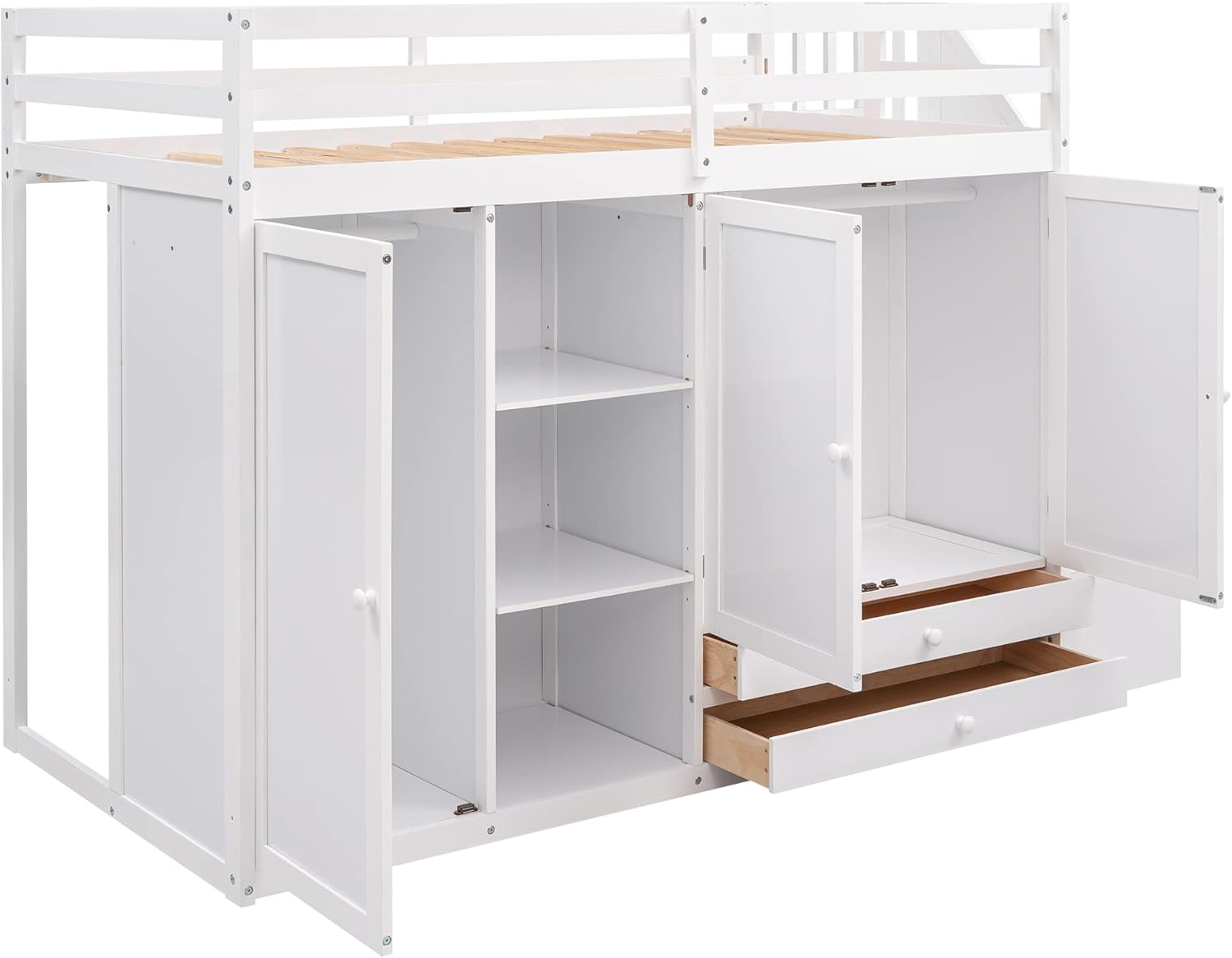 Functional Twin Loft Bed with 3 Shelves, Two Wardrobes and 2-Tier Large Drawers, Space-Saving Loftbed with Storage Ladder & Full-Guardrails for Kids Teens Adults, No Box Spring Needed, White