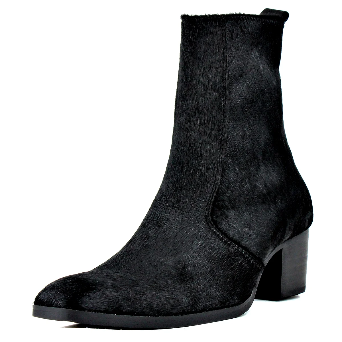 OSSTONE Dress Boots Chelsea Pony Hair Boots for Men Zipper-up Leather Casual Heel Shoes JY021-Black-7 Black