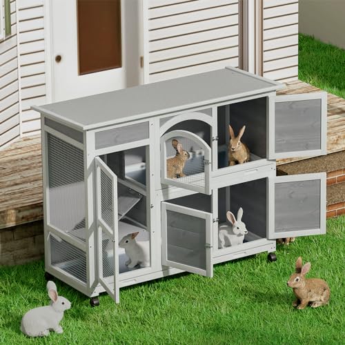 Magshion Rabbit Hutch Outdoor, 47.5" 2 Story Bunny House Cage Indoor on Wheels with 2 Removable Tray Waterproof Roof