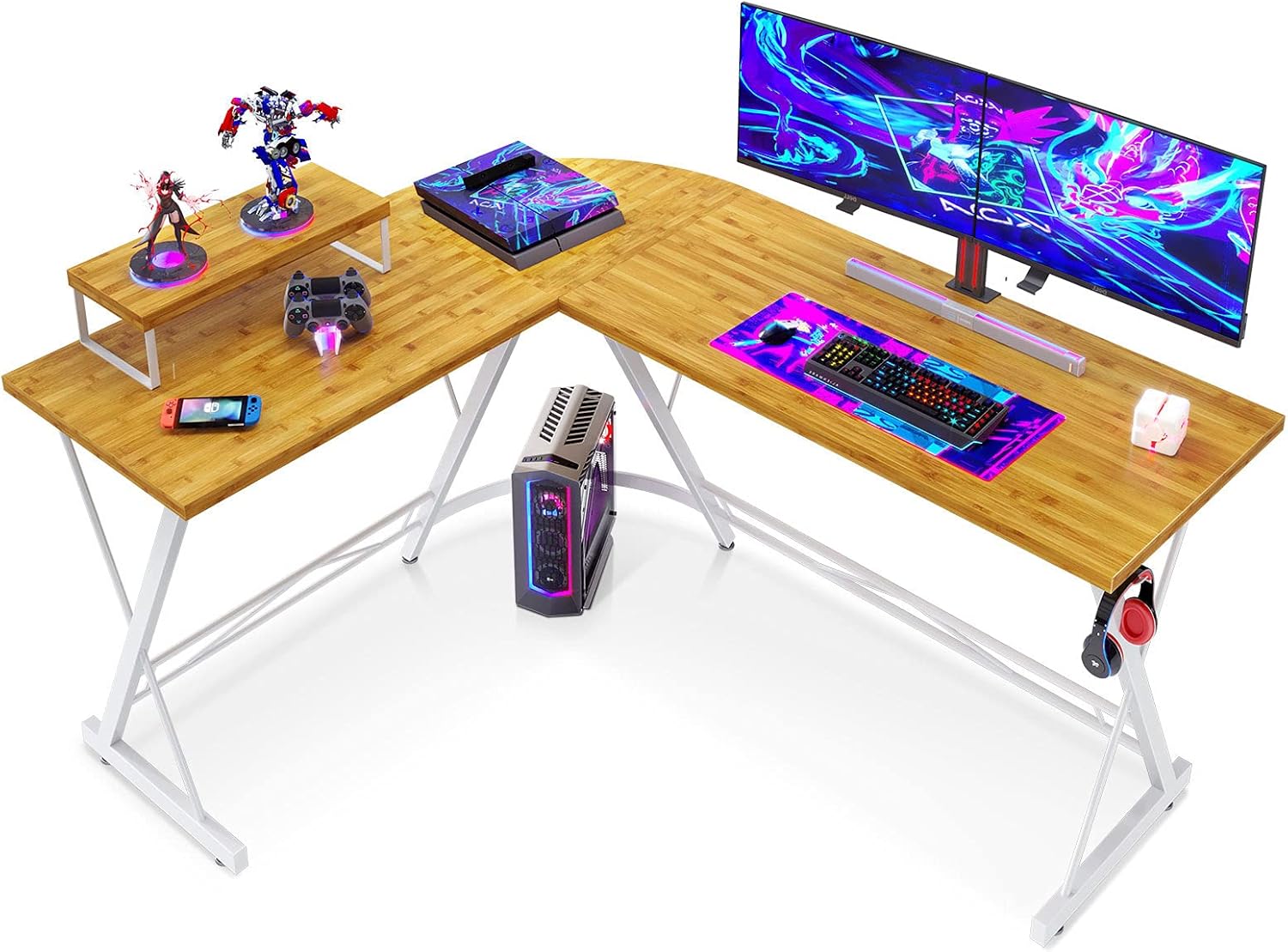 L Shaped Gaming Desk, 58" Home Office Desk with Round Corner, Computer Desk with Large Monitor Stand Desk Workstation