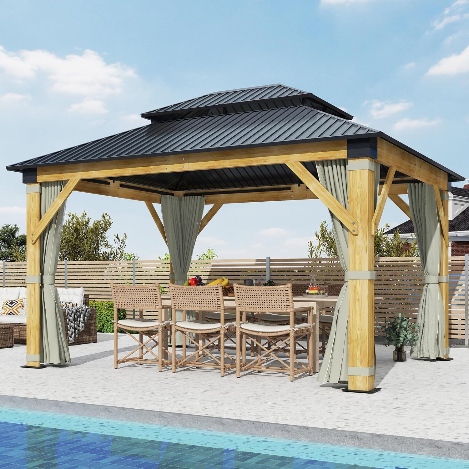 11’x13’ Patio Wooden Gazebo, Galvanized Steel Roof Gazebo with Olive Green Curtains and Netting, Double Vented Roof Hardtop Gazebo for Garden, Porch, Lawn, Poolside, Backyard