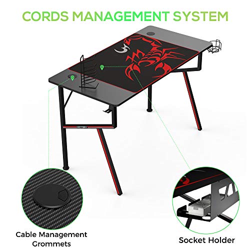 EE EUREKA ERGONOMIC gaming desk office desk Computer Desk home table 47 Inch desk with Mouse Pad Headset Hook Cup Holder Controller Stand, Black