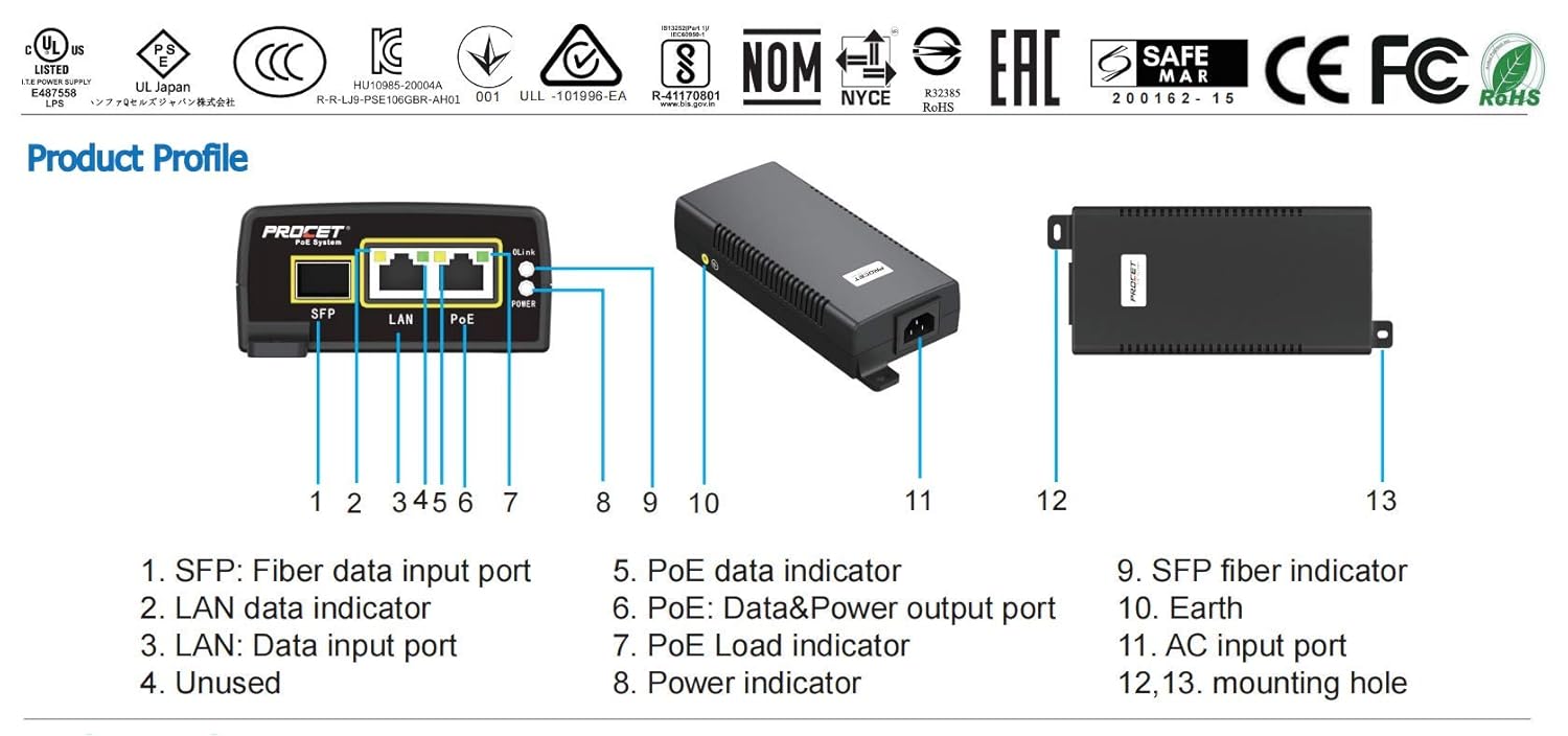 Procet PoE Media Converter with PoE functionality,SFP uplink to PoE++ 60 Watts Enable Distance Extension Over Fiber Optic Cabling to PoE Powered Devices (PDs), 1000Base-FX to 10/100/1000Base-TX