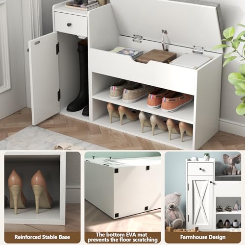 Loomie Shoe Storage Bench, 2-Tier Farmhouse Entryway Bench with Sliding Barn Door Storage Cabinets & Full Soft Removable Seat Cushion, Silm Shoe Rack with Shoe Cabinet for Entryway, Hallway, Bedroom