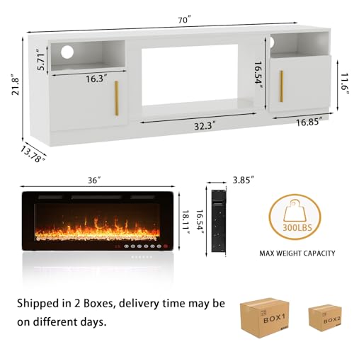 TV Stand with Fireplace, 36" Fireplace TV Stand LED Entertainment Center with Fireplace, 70 Inch Modern Electric Fireplace TV Stand for Living Room, Black TV Stand with Fireplace Up to 80" TVs