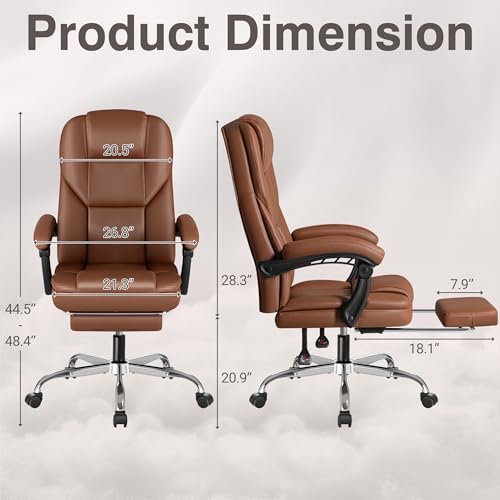 Executive Office Chair, Ergonomic High Back with Footrest, Reclining Leather Seats with Lumbar Support, Comfy with Double Thick Cushion, Big and Tall 500 Lbs Heavy Duty, Brown