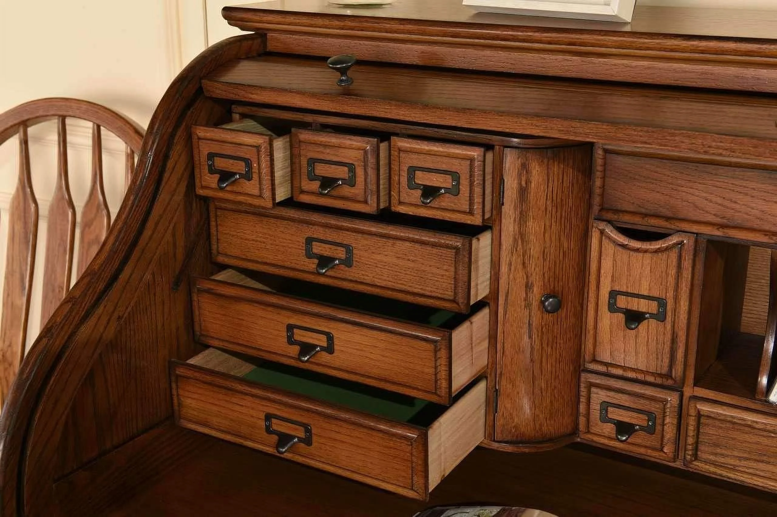 Popular Top Desk Solid Oak Wood - 54 Inch Deluxe Executive Rolltop Desk Burnished Walnut Stain for Home Office Secretary Organizer Roll Hutch Top Easy Assembly Quality Crafted Constructio