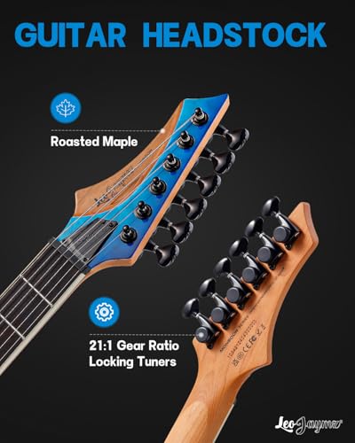 Leo Jaymz Electric Guitar Monsoon Series,Reverse Headstock,Mahogany Body,Roasted Maple Neck,Rosewood Fretboard,Locking Tuners,Rounded End Frets,AlnicoV Pickups,Fixed Bridge (Blue Flame)