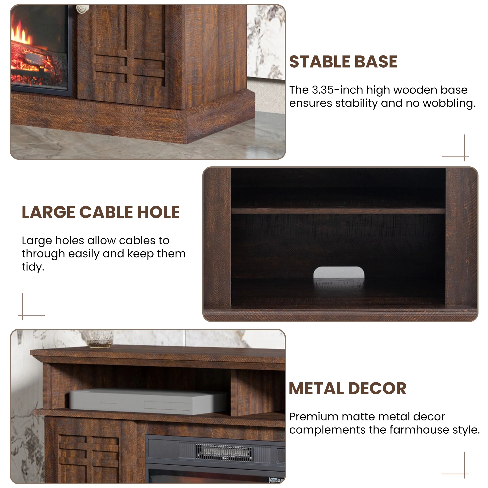 Aukfa Electric Fireplace TV Stand for TVs up to 60", Wood TV Console Cabinet, Brown