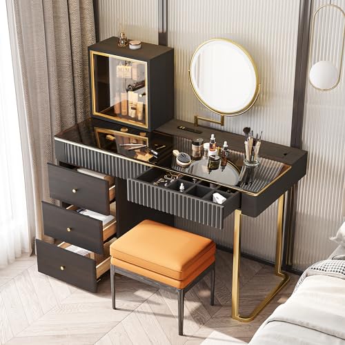 POVISON Makeup Vanity Desk with Mirror & LED Light, Easy Assembly, Mid Century Modern Dresser Desk, Dressing Table with Stool & Charging Station, 5 Drawers, Tempered Glass Top (Wood, 47")
