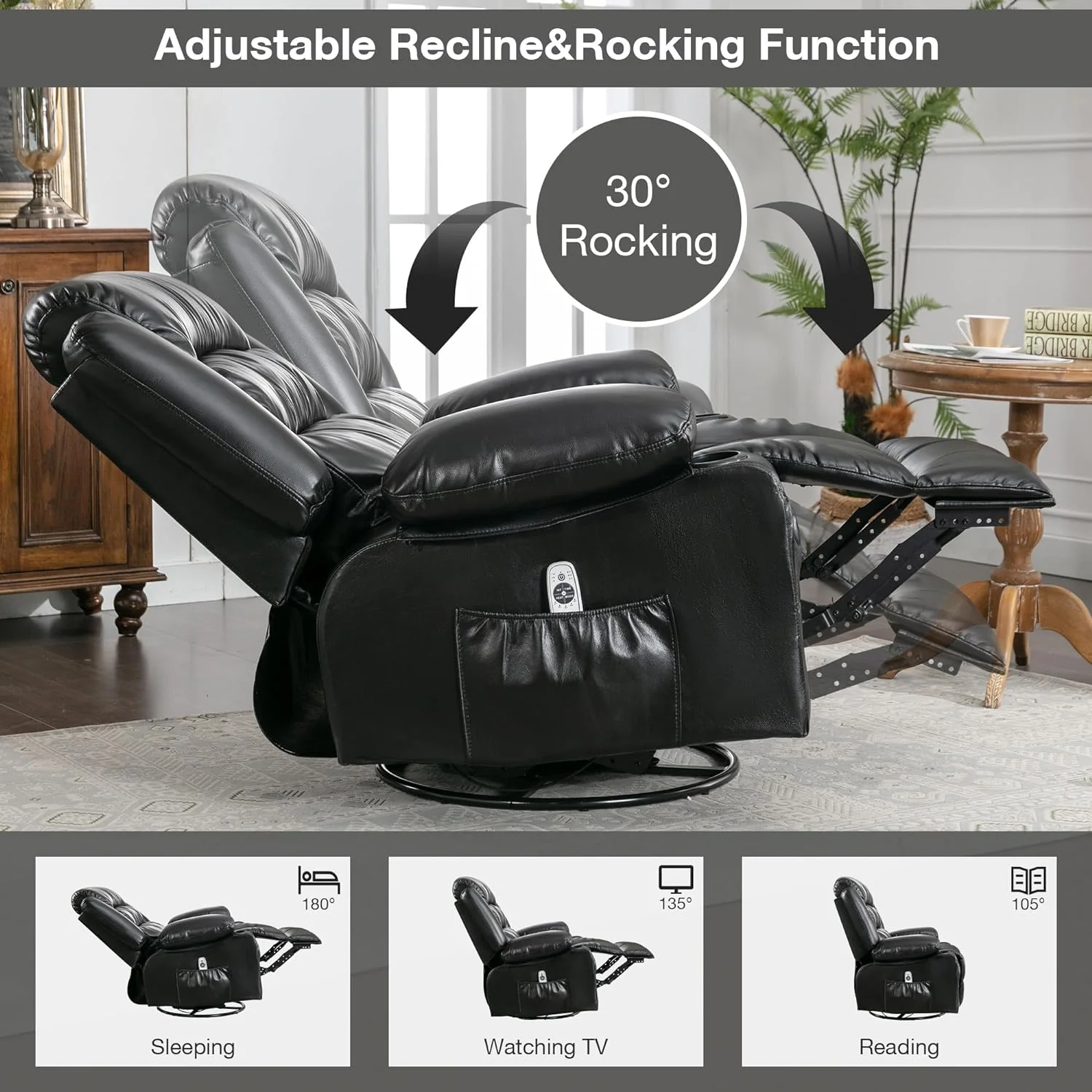 Massage Chair Recliner, Power Recliner Chairs with Heat and Message, Big and Tall Recliners with USB Port, with Swivel and Rocking Function for Elderly  (Black)