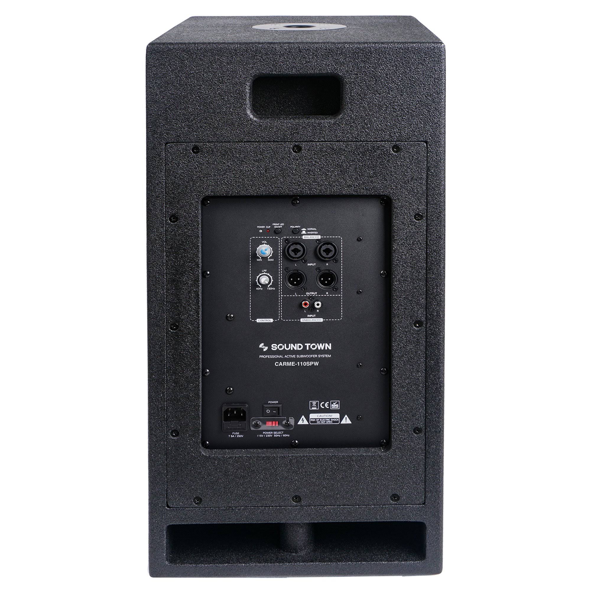 Sound Town 2-Pack 10x22 1200 Watts Powered PA DJ Subwoofers with Folded Horn Design, Black (CARME-110SPW-PAIR)