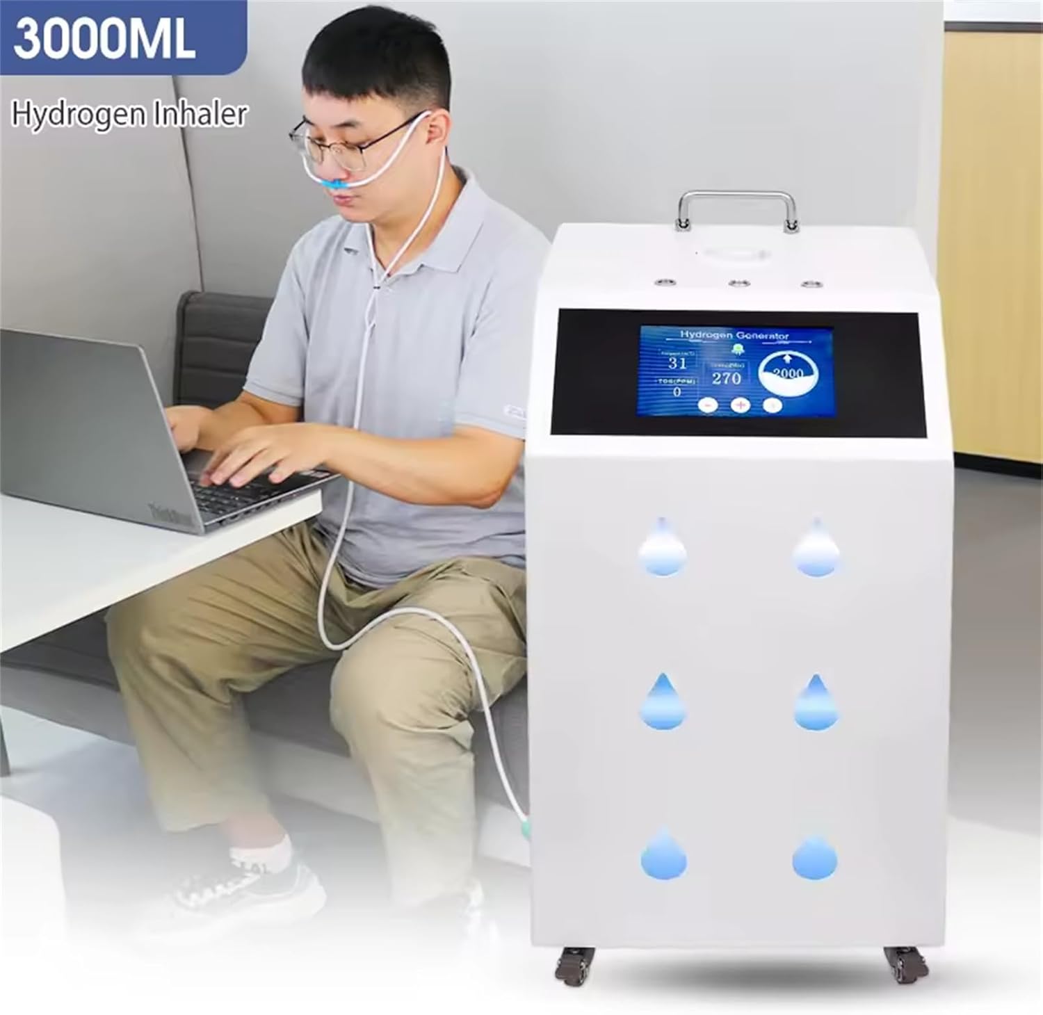 Hydrogen Inhalation Machine with SPE/PEM Tech, 3000 (1000H+1000O+1000H) ml/min 3 Outlet Hydrogen Generator, 99.99% High Purity, for Home