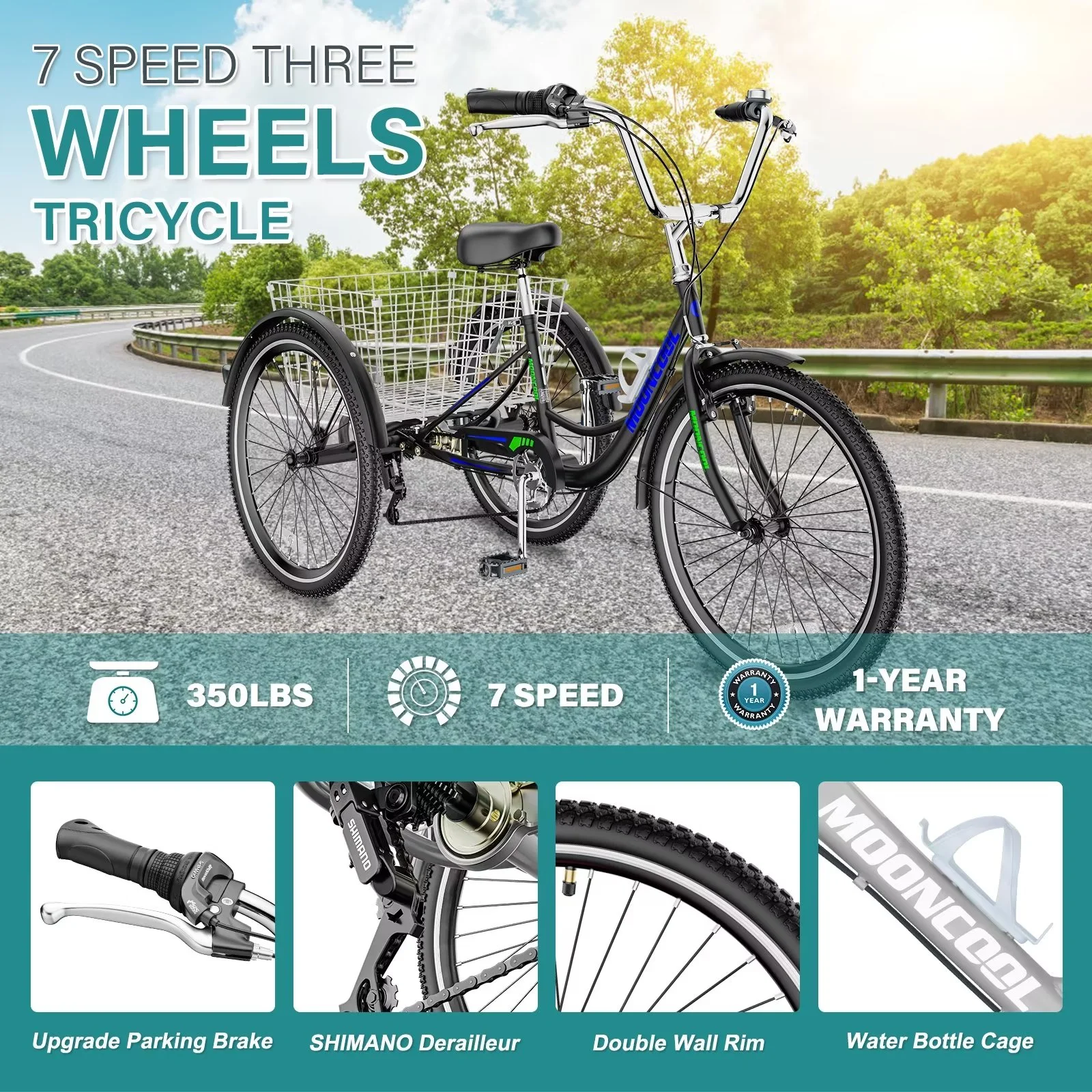 MOPHOTO Adult Tricycles 3 Wheel 7 Speed Trikes, 20/24/26 inch with Big Basket for Shopping, Picnics Exercise Men's Women's Senior's Trike