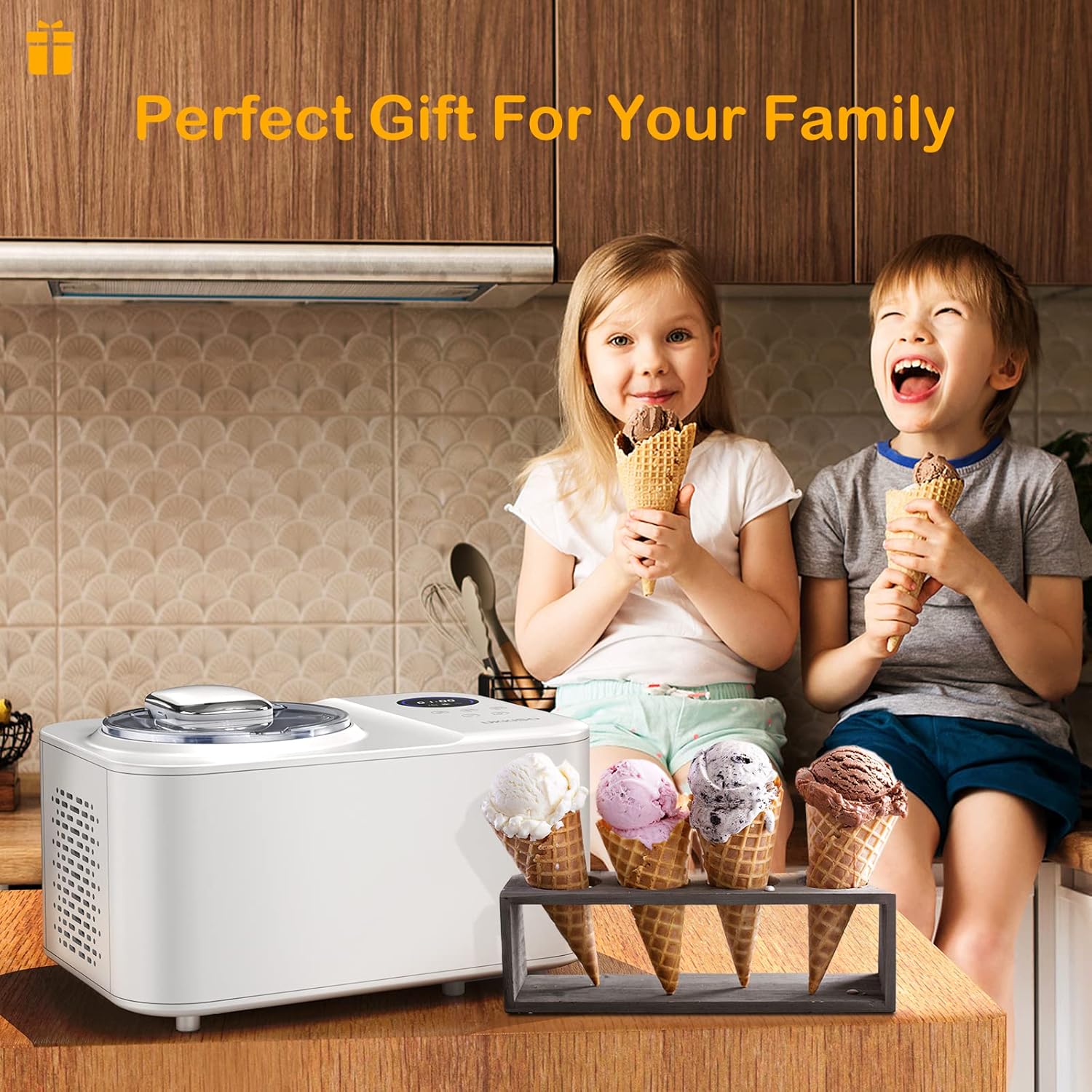 Ice Cream Maker, UKKISO 1.2 Quart Automatic Electronic Gelato Maker With LCD Display, Built-In Compressor, Portable Homemade Dessert Maker with Spoon, Ice Cream Machine for Home, Dorm (White)