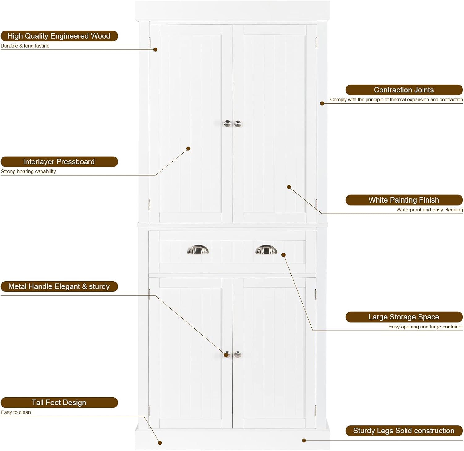 VINGLI Upgraded 72” Freestanding White Storage Cabinet with Doors and Shelves Adjustable, Wood Pantry Storage Cabinet with Drawers for Kitchen, Bedroom, Living Room, Assembly Required