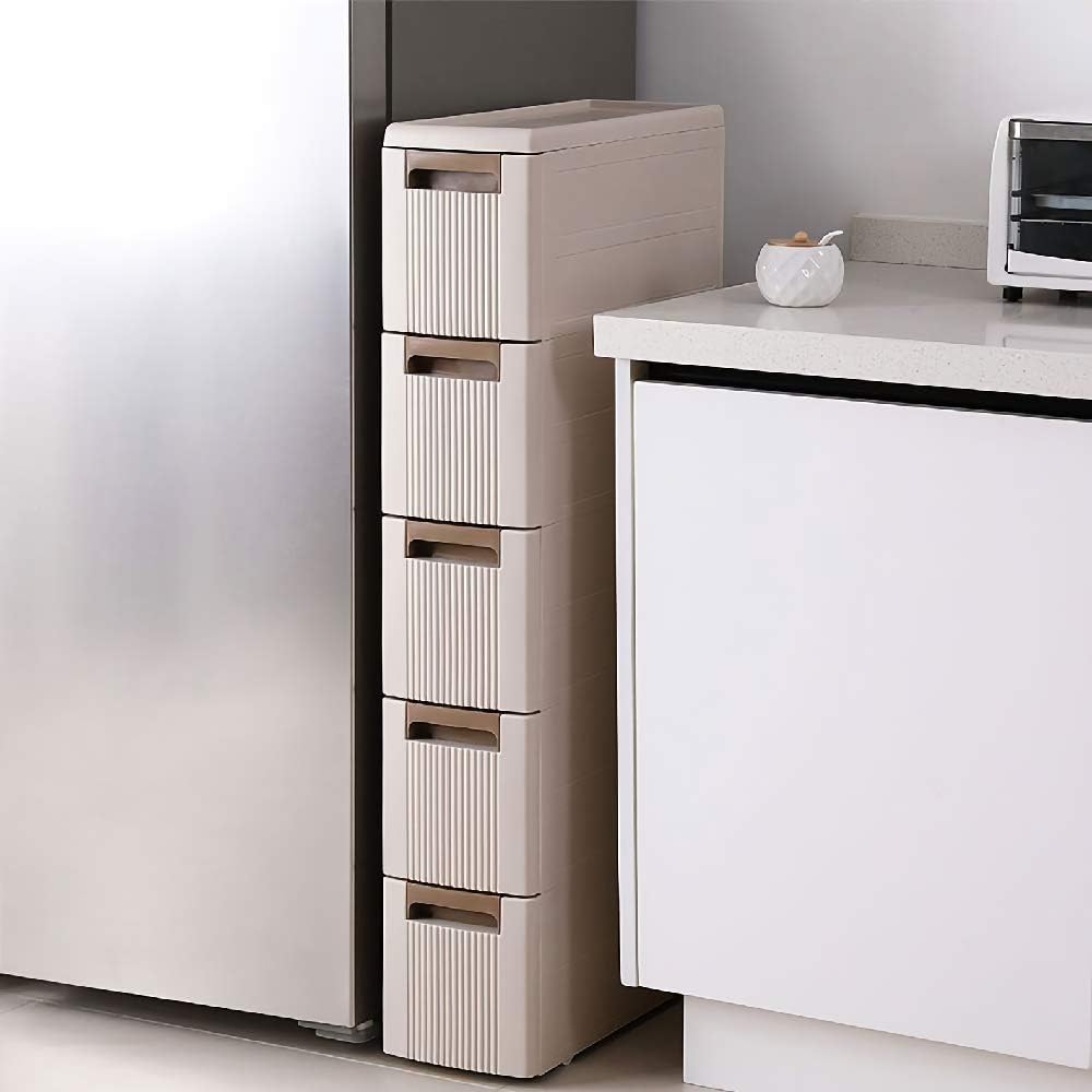 Feibrand 5 Storage Drawers Rolling Cart Organizer Plastic Drawers Unit on Wheels Tower Narrow Slim Container Cabinet for Bathroom Bedroom 17.7 x 7 x 38.8 Inches