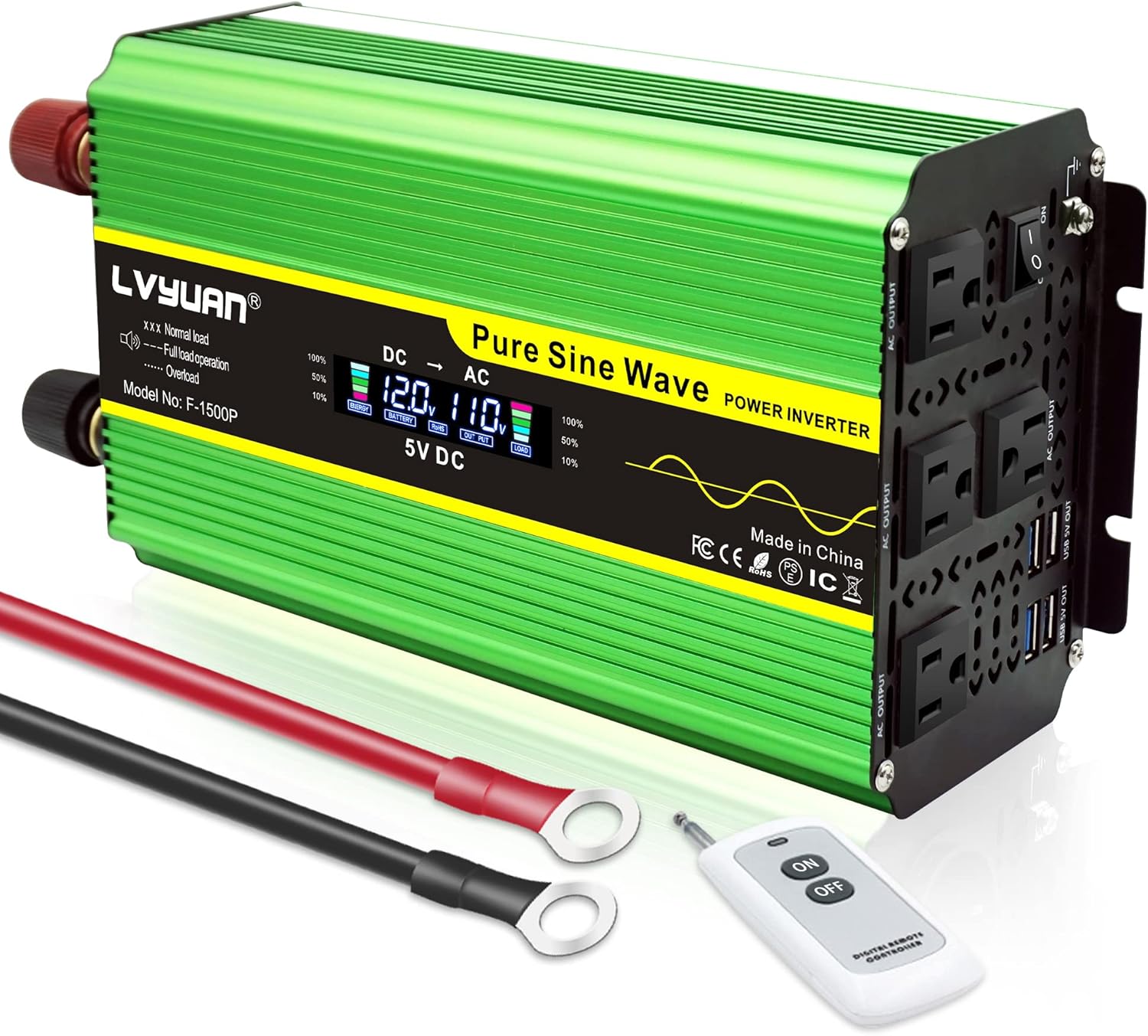 Cantonape 2500 Watt Pure Sine Wave Power Inverter 12V DC to 120V AC Converter with 4 AC Outlets and 3.1A USB Port & LED Display for Car RV Truck Boat Travel Emergency