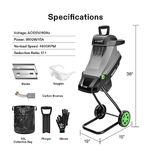 VIVOSUN 15-Amp Electric Wood Chipper Shredder with 1.77" Hopper & 50L Collection Bag, Includes Plunger, Extra Carbon Blades, Safety Goggles & Gloves for Yard Waste, Branches, and Leaves (Grey)