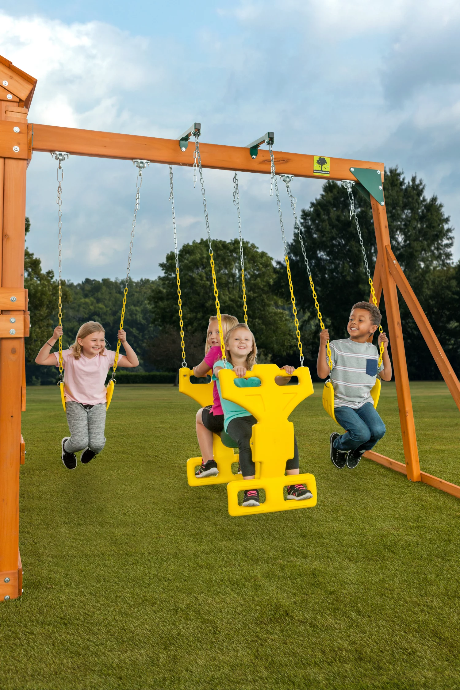 Creative Cedar Designs Timber Valley Wooden Playset with Wooden Roof, Glider Swing, Sandbox, Climbing Wall, Ladder, Slide & Belt Swings