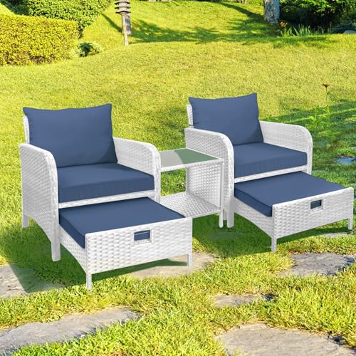 LEVELEVE Balcony Furniture 5 Piece Patio Conversation Set, PE Wicker Rattan Outdoor Lounge Chairs with Soft Cushions 2 Ottoman&Glass Table for Porch, Lawn-Brown Wicker