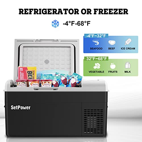 Setpower 12 volt Refrigerator, Portable Fridge and Freezer, 12V Compressor Cooler, Car Cooler for Camping, Traveling, 12/24V DC 110/240V AC, 0℉~50℉