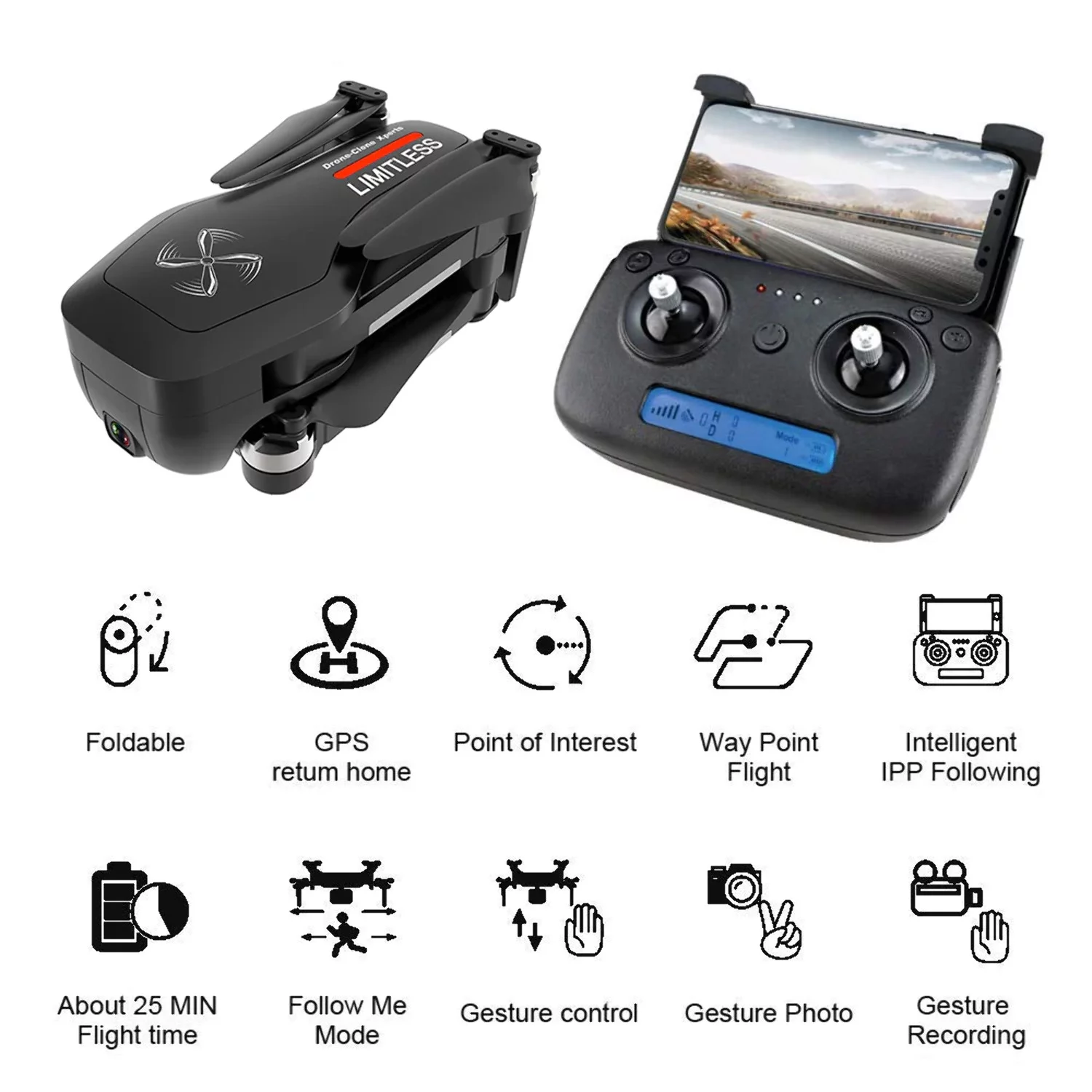 Drone X Pro LIMITLESS 2 GPS 4K UHD 5G WiFi Dual Camera FPV Live Video Follow Me 25min Battery RTH