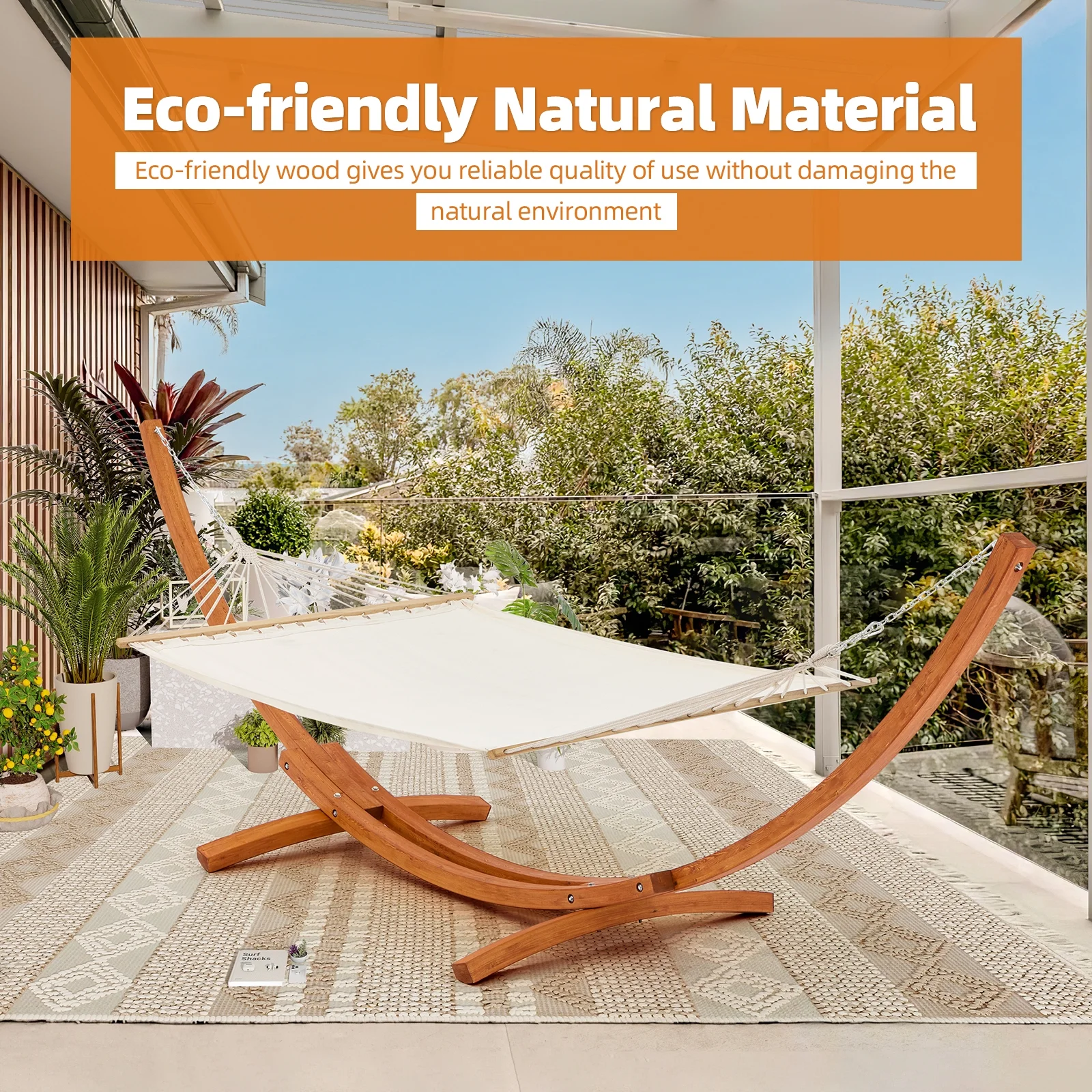 AVAWING 14FT Wooden Double Hammock with Stand 2 Person Heavy Duty, Easy Assemble, Weatherproof Premium Quilted Camping Hammock for Outdoor, Patio(White)