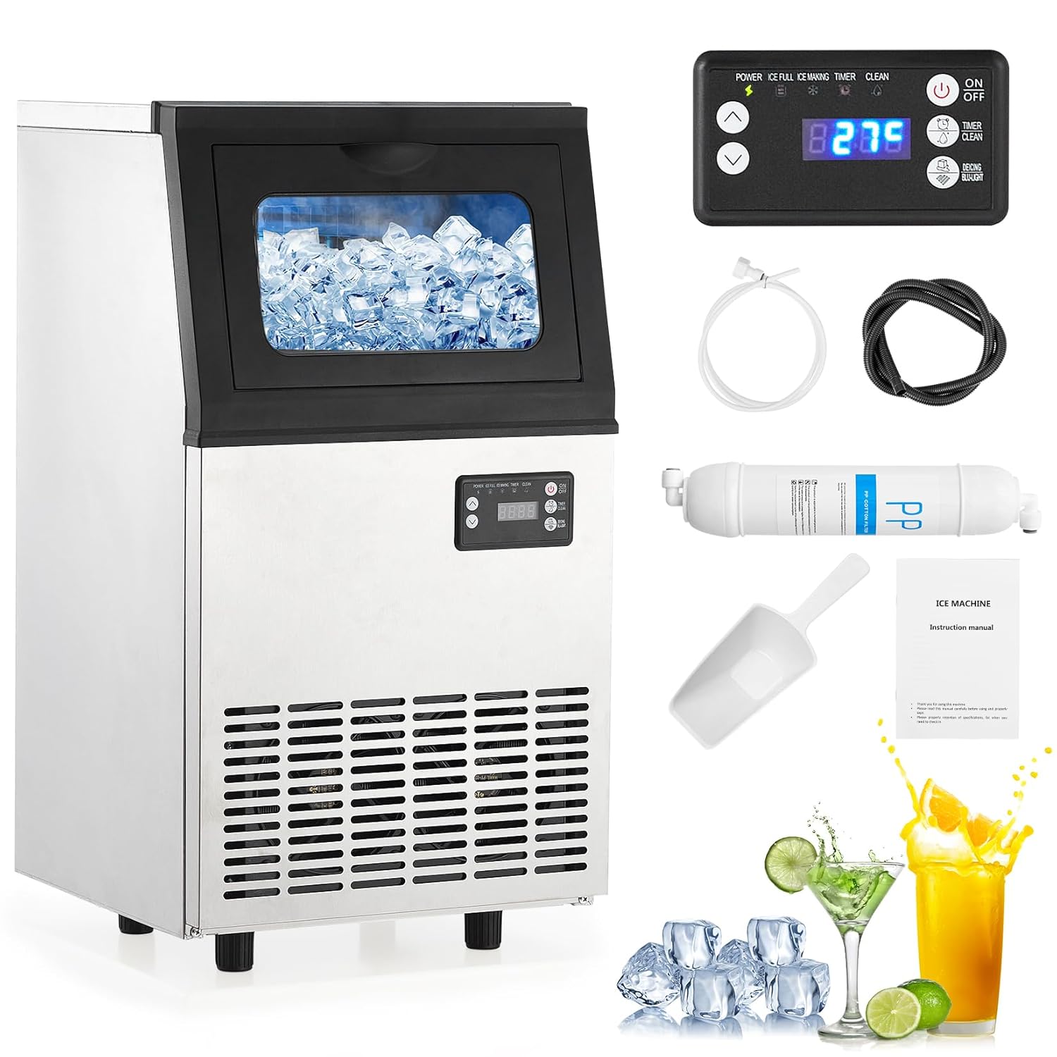 Commercial Ice Maker Machine, 110LBS/24H with 18LBS Bin Stainless Steel Automatic Operation Commercial Ice Machine for Home Bar, Include Water Filter, Scoop, Connection Hose