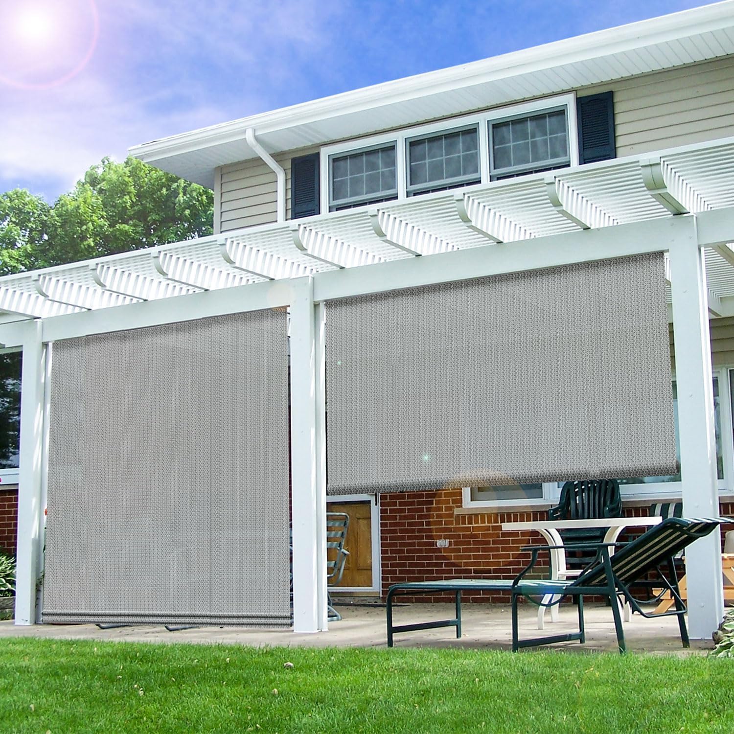 E&K Sunrise 8'W x 8'H Roll Up Shade Outdoor Roller Shade Blind Sun Shade UV Block for Patio Porch Backyard Gazebo Deck Pergola (Gray)