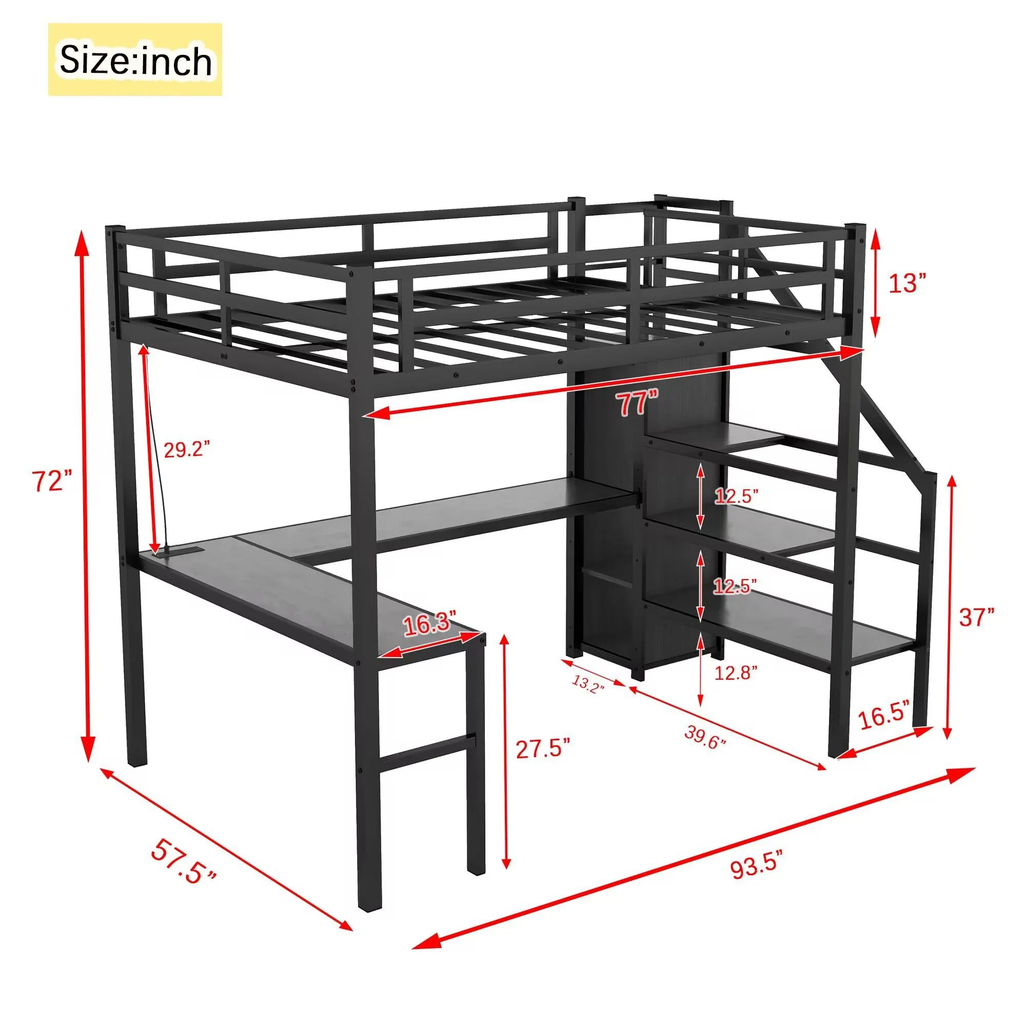 Full Size Loft Bed with Desk and Stairs, Metal Loft Bed Frame with Wardrobe and USB Charging Station, High Loft Bed with LED Light for Kids Teens Adults-Black