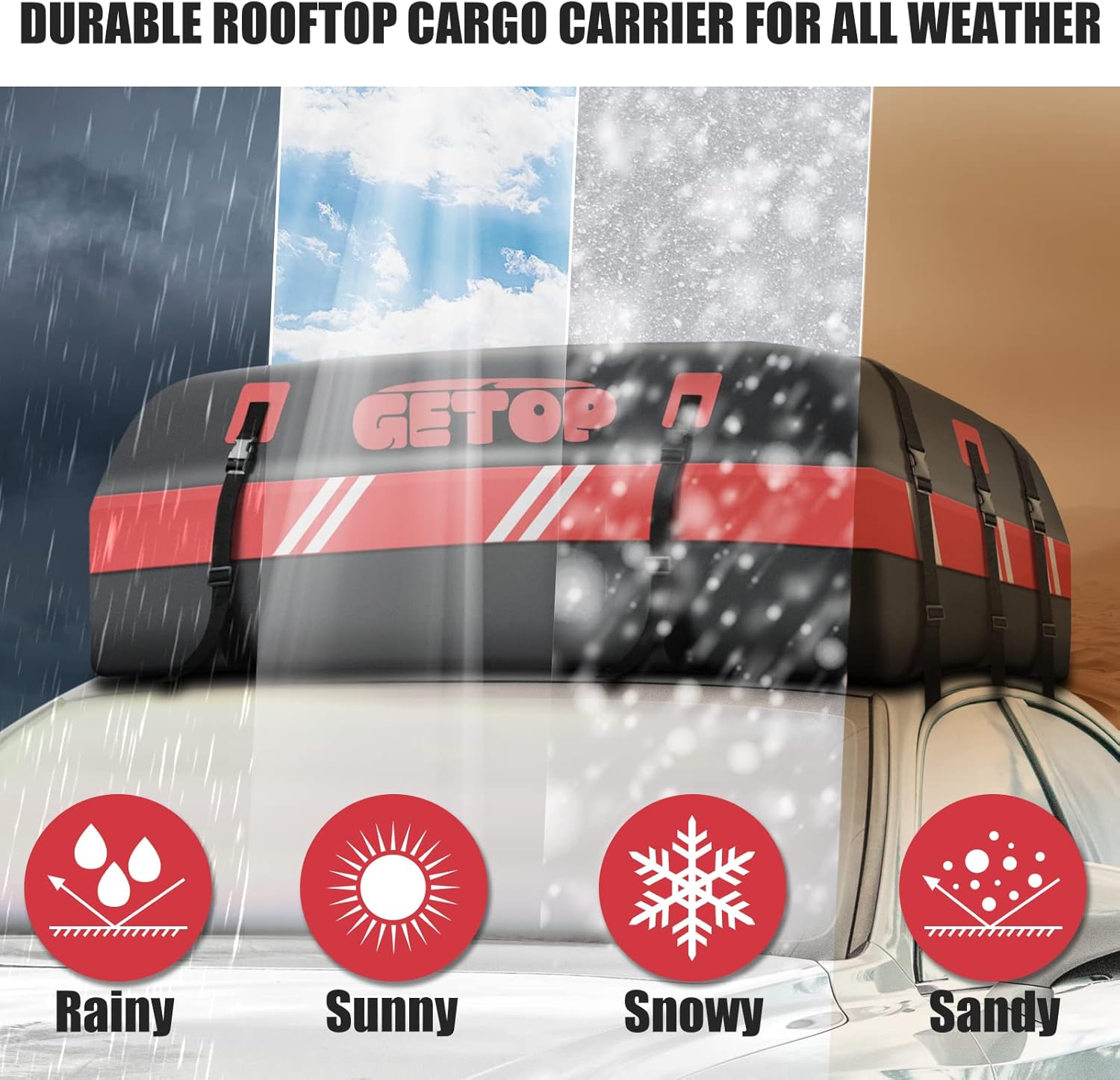 21 Cubic Feet Rooftop Cargo Carrier Bag Waterproof,GETOP 730D Car Roof Bag Heavy-Duty Soft-Shell for All Car with/Without Rack,with Non-Slip Mat, 6 Door Hooks，Lock，Storage Bag(Red)