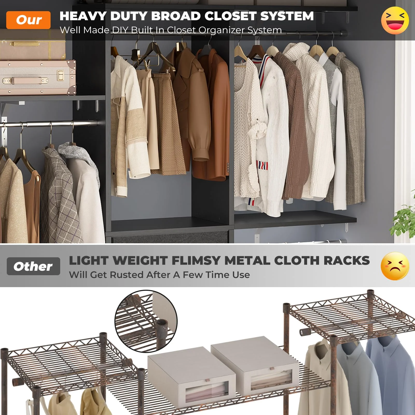 Homieasy 5FT Closet System with 3 Fabric Drawers, 60'' Walk In Closet Organizer System With 3 Adjustable Shelves, Heavy Duty Clothes Rack Built-In Garment Rack, 59" L x 16" W x 71"H, Black