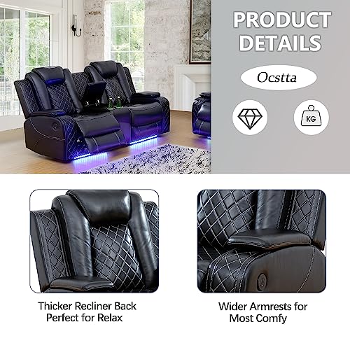 Power Leather Recliner Sofa Set with LED Lights,Living Room Furniture Set, Breathing Leather Sofa Set with USB Port/Storage Console/Cup Holders (3 Pieces Reclining Sofa Set, Cream White)