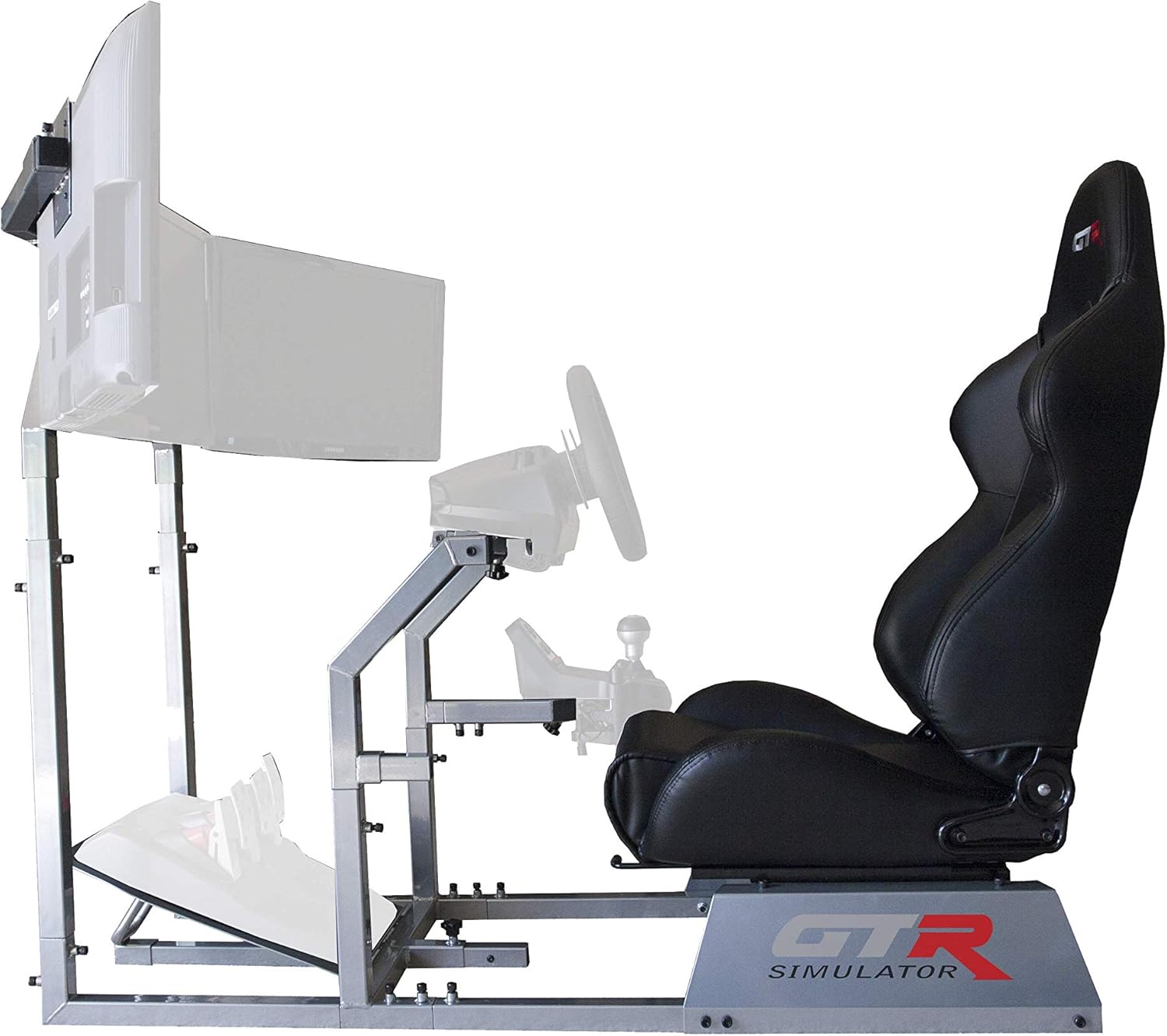 GTR Simulator GTA-F Model Black Frame Triple | Single Monitor Stand with Black Adjustable Leatherette Seat Racing Driving Gaming Simulator Cockpit Chair