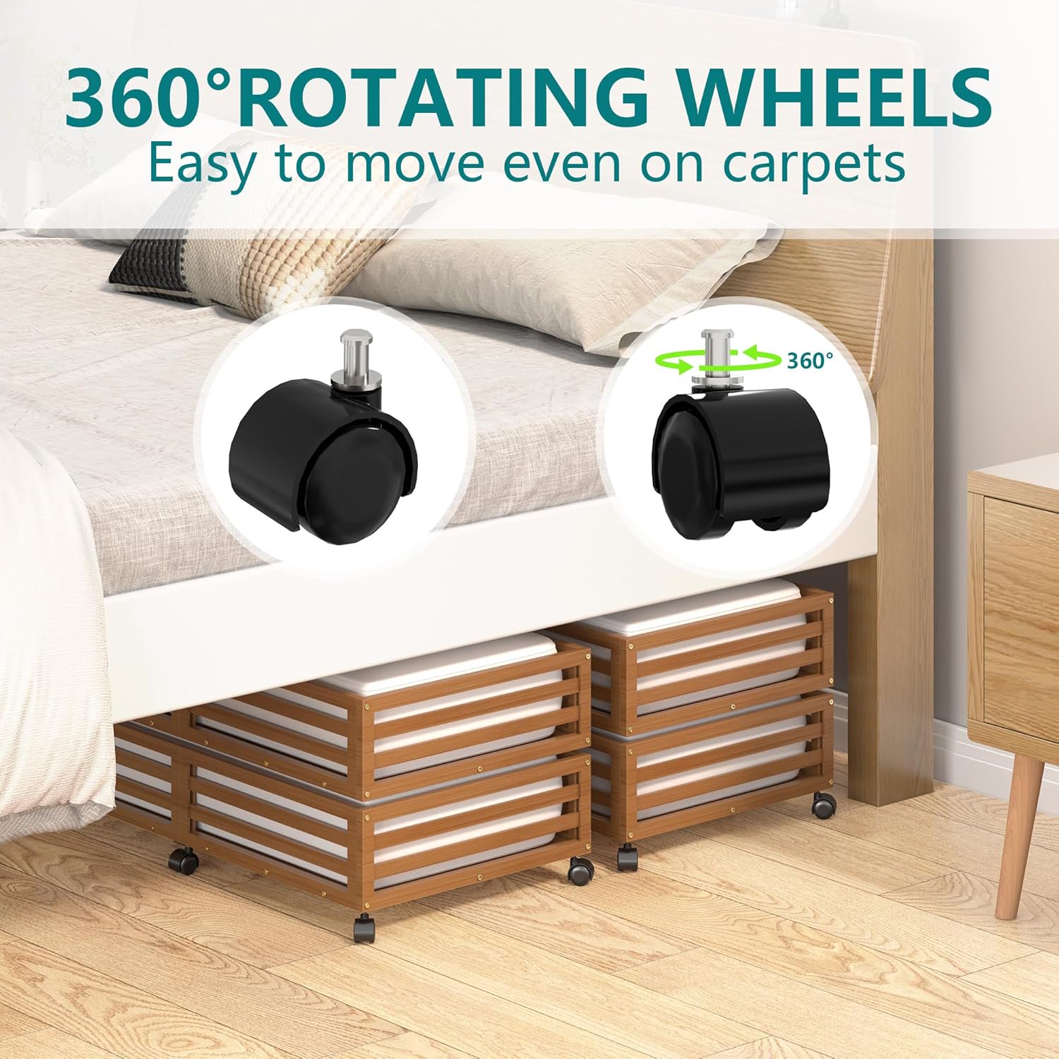 Bamboo Under Bed Storage Containers- Underbed Organizer with Wheels with Large Capacity Dust Bag,Sturdy Wood Rolling Under Bed Shoe Storage Organizer 2 Packs (Walnut, 2 Packs (33.07×16.54))