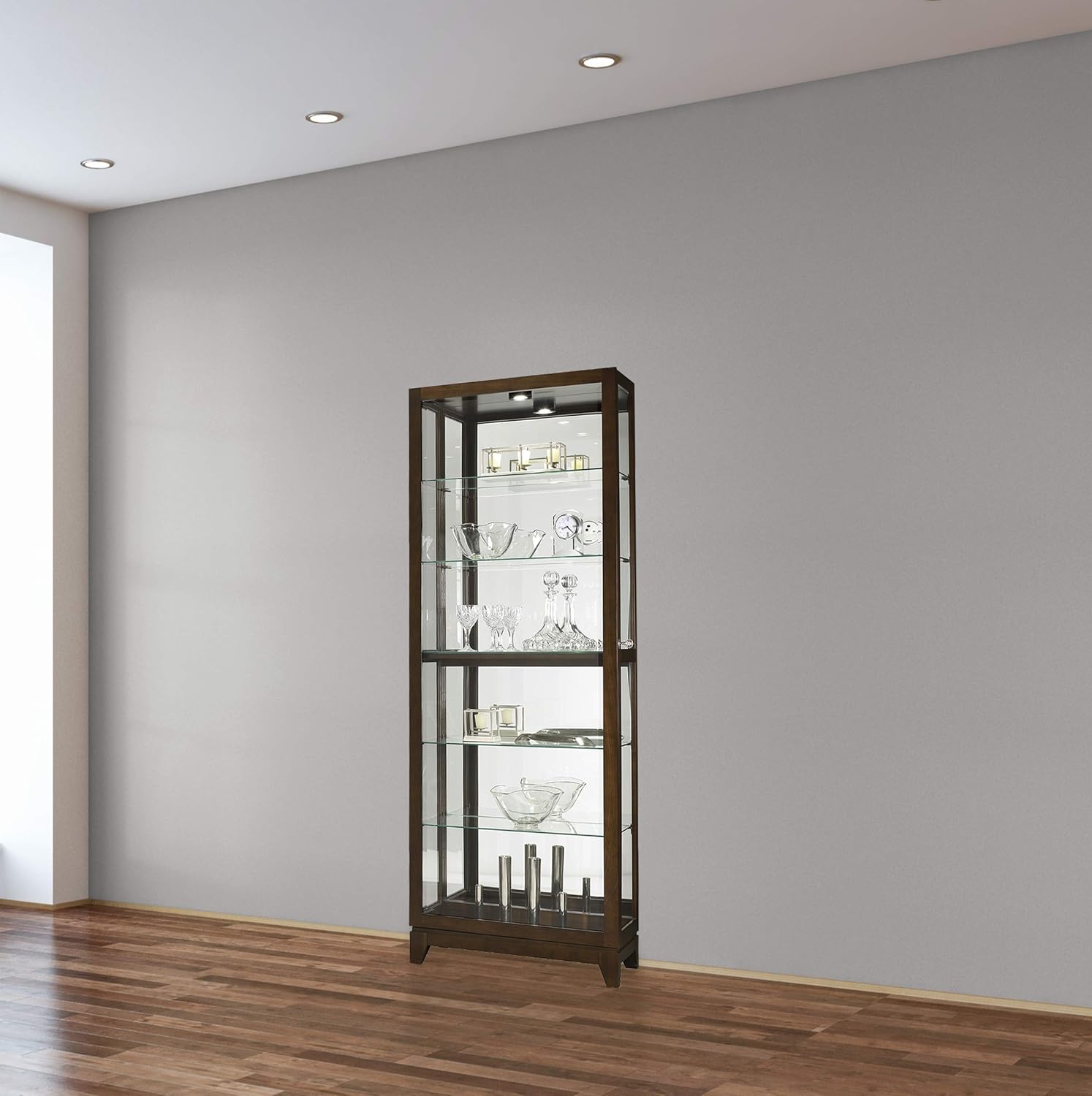 Howard Miller Luke Curio Cabinet 680-588 – Espresso Finish, Vertical Home Decor, Five Glass Shelves, Six Level Display Case, No Reach Halogen Light, Locking Door