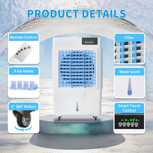 Evaporative Cooler, 3531CFM Evaporative Air Cooler with 10.6 Gal Large Tank, 130°Oscillation Swamp Cooler, Remote Control, 1-24H Timer, 3 Wind Speeds Air Cooler for Room InOutdoor