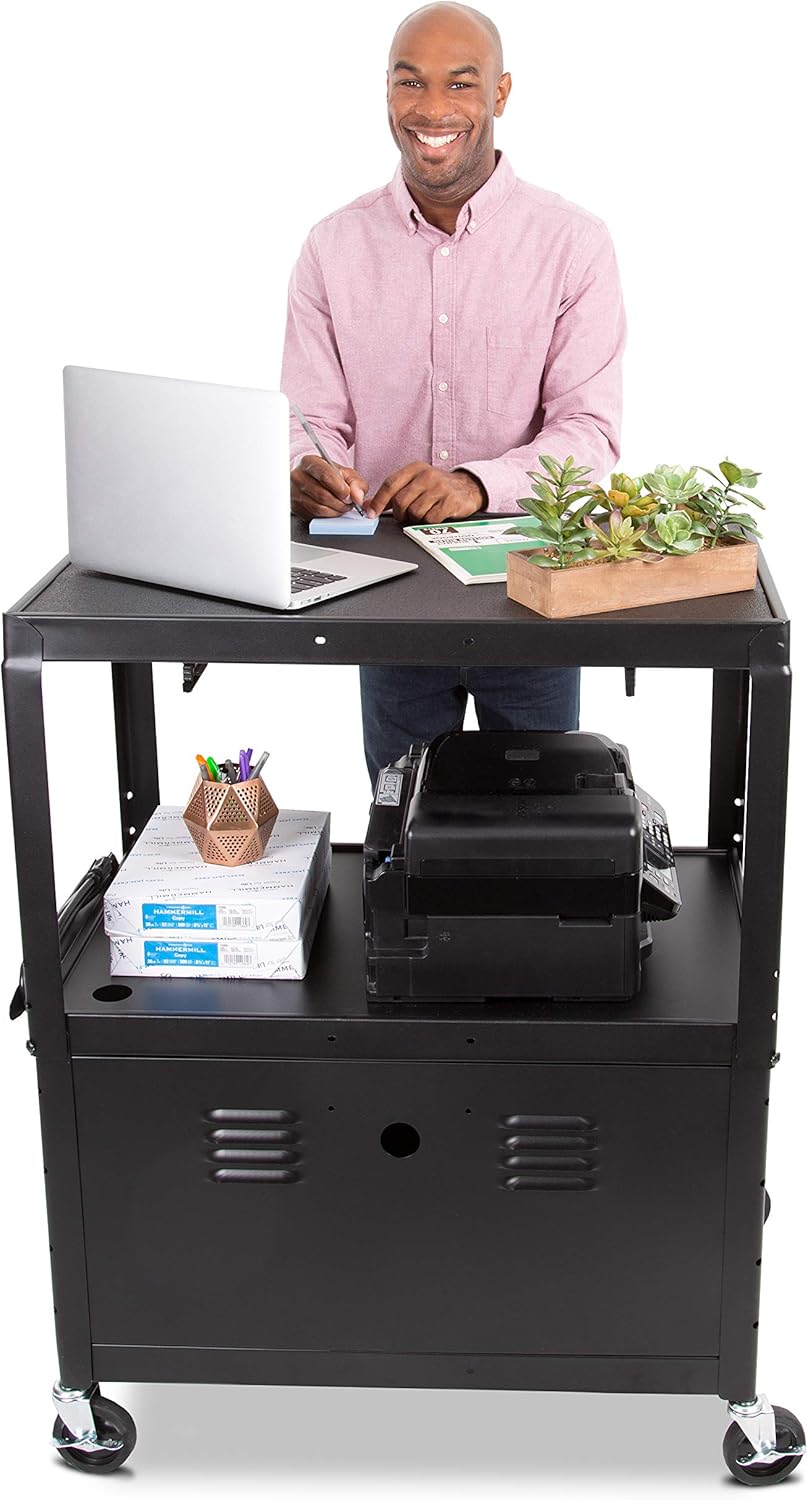 Line Leader Large AV Cart with Locking Cabinet | Height Adjustable Utility Cart | Includes Pullout Keyboard Tray & Cord Management | Easy Assembly (32in x 18in x 42in / Black)