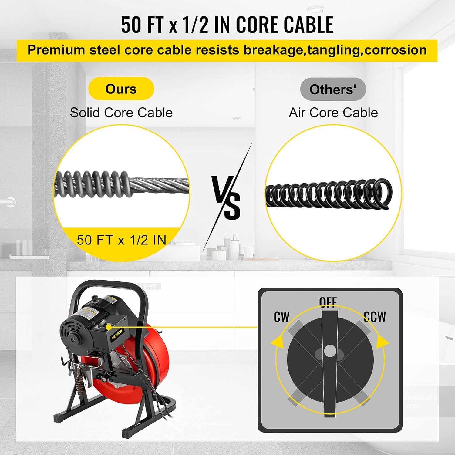VEVOR 50FTx1/2Inch Drain Cleaner Machine Electric Drain Auger with 4 Cutter & Foot Switch Drain Cleaner Machine Sewer Snake Drill Drain Auger Cleaner for 1" to 4" Pipes