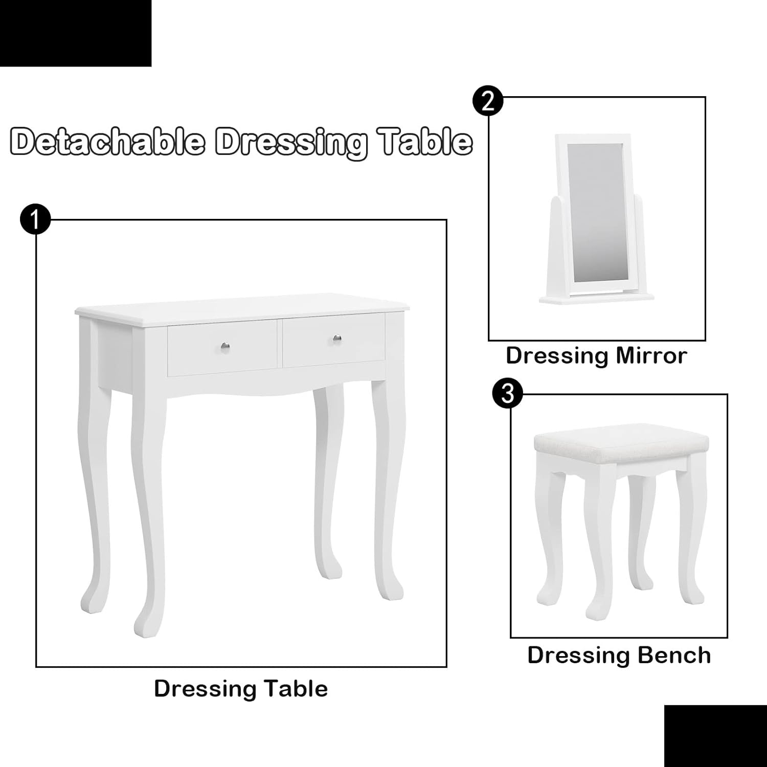 sogesfurniture Vanity Dressing Table Set Wooden Contemporary with 360° Pivoting Mirror and Stool, Multifunctional Makeup Dressing Table and with 2 Drawers, White