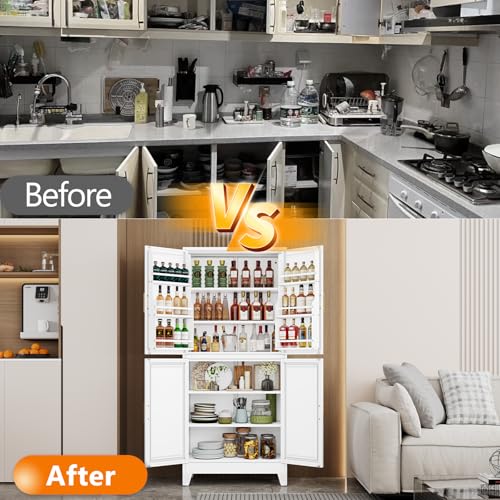 75.2" Tall Metal Pantry Cabinet, Storage Cabinets with 4 Door and 4 Adjustable Shelves, Black Kitchen Pantry Storage Cabinet, Freestanding Cupboard for Kitchen Dining Room Living Room Bathroom